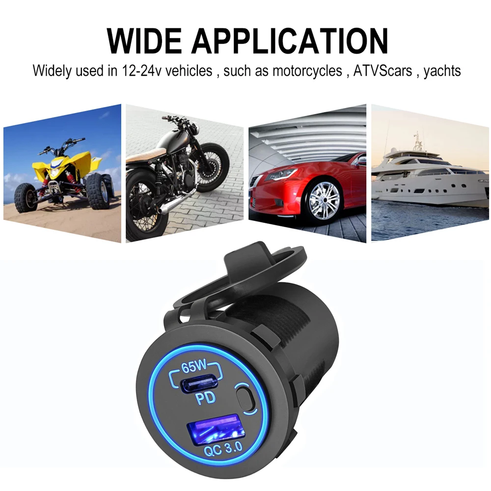 83W 12V USB 콘센트 노트북 충전기 65W USB-C PD3.0 & 18W QC3.0 RV 자동차 용 전원 스위치가있는 멀티 자동차 USB 포트 소켓 방수