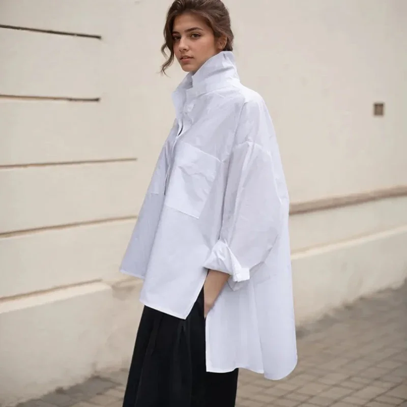 جديد إمرأة تي شيرت عادية غير النظامية فضفاض عباءة نوع قمصان بيضاء سيدة الموضة التلبيب الخفافيش كم واحدة الصدر بلون القمم