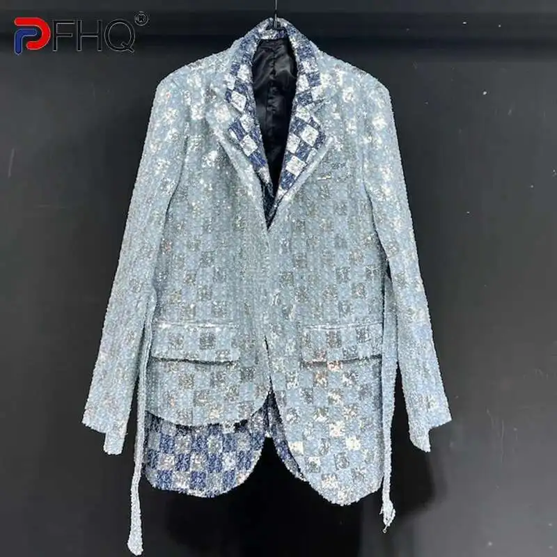 PFHQ New Korean Style Men's Denim Suit Jackets Lapel Belt Irregular Sequins Loose Plaid Niche Casual Male Blazer Fashion 21Z9080
