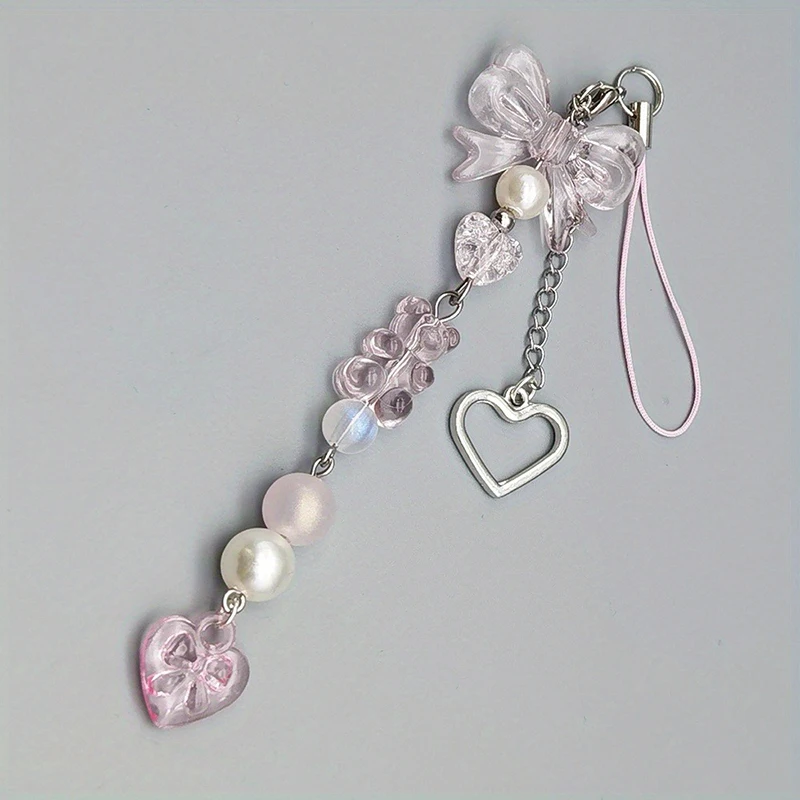 Charming Pink and Silver Bow & Heart Keychain Pendant - Cute Accessory