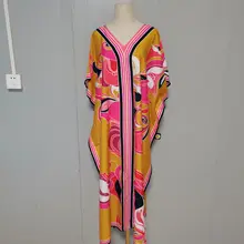 

Long Kaftan Bohemian Printed Bikini Cover-ups Sexy V-neck Half Sleeve Maxi Dress Tunic Women Beach Wear Swim Suit Cover Up