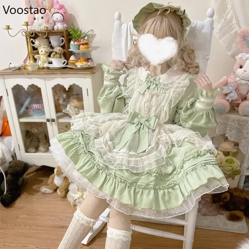Sweet Lolita Princess OP Dress Women Vintage Elegant Lace Mesh Bow Dresses Harajuku Victorian Girly Kawaii Tea Party Dress