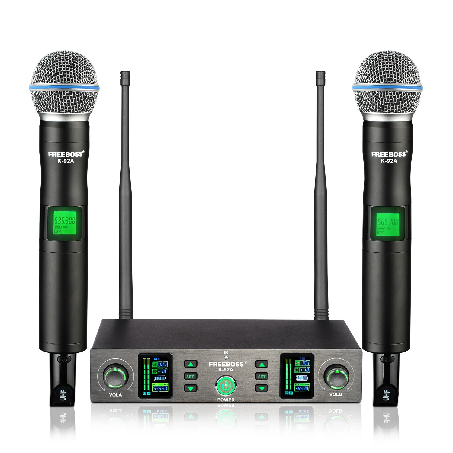 FREEBOSS 듀얼 채널 무선 마이크, UHF 분리형 캡슐 코어 2 핸드헬드 다이나믹 마이크, 금속 라디오 가라오케 시스..