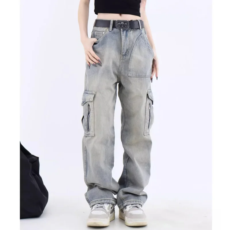 

Women Blue Jeans Cargo Pants High Waist American Street Wide Leg Pants Fashion Streetwear Vintage Straight Y2K Summer Trousers