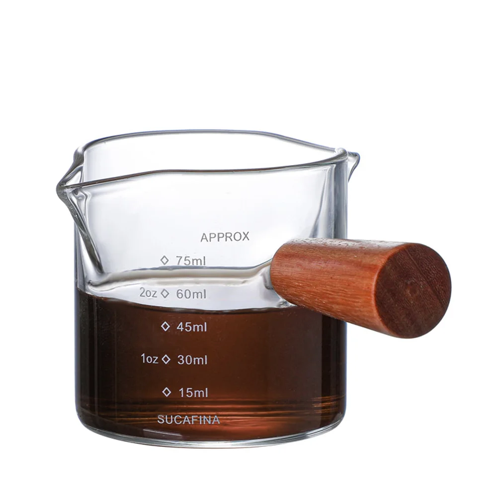 75ml Espresso High Borosilicate Glass Jar Mini Measuring Cup With Graduated Milk Cup With Wooden Handle Double Mouth Milk Jar