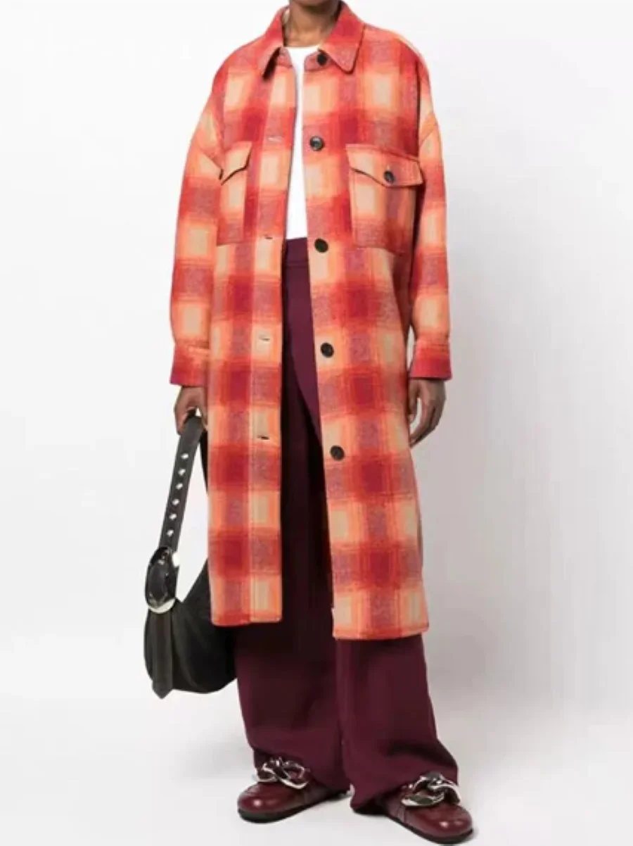 

Women Coat Logo Embroidery Plaid Single Breasted Long Sleeve Turn Down Collar 3-Color Loose 2023 Autumn Winter Jacket