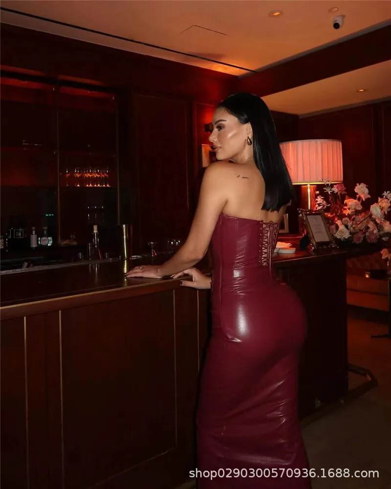 Wine Red Strapless Sexy PU Leather Maxi Dress Women Fashion Off-shoulder Backless Lace-up Bodycon Club Party Long Dress