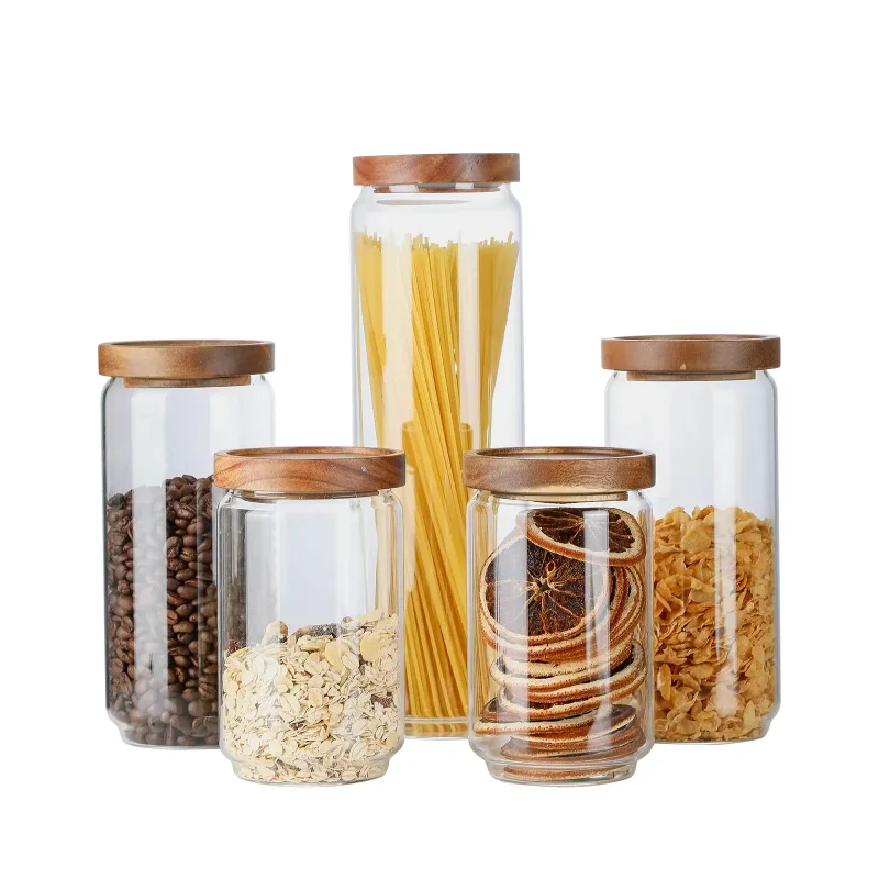 Acacia Wood Lid Glass Bottle Storage Jar Airtight Canister for Coffee Beans Tea and Grains Kitchen Food Dispenser Container 6