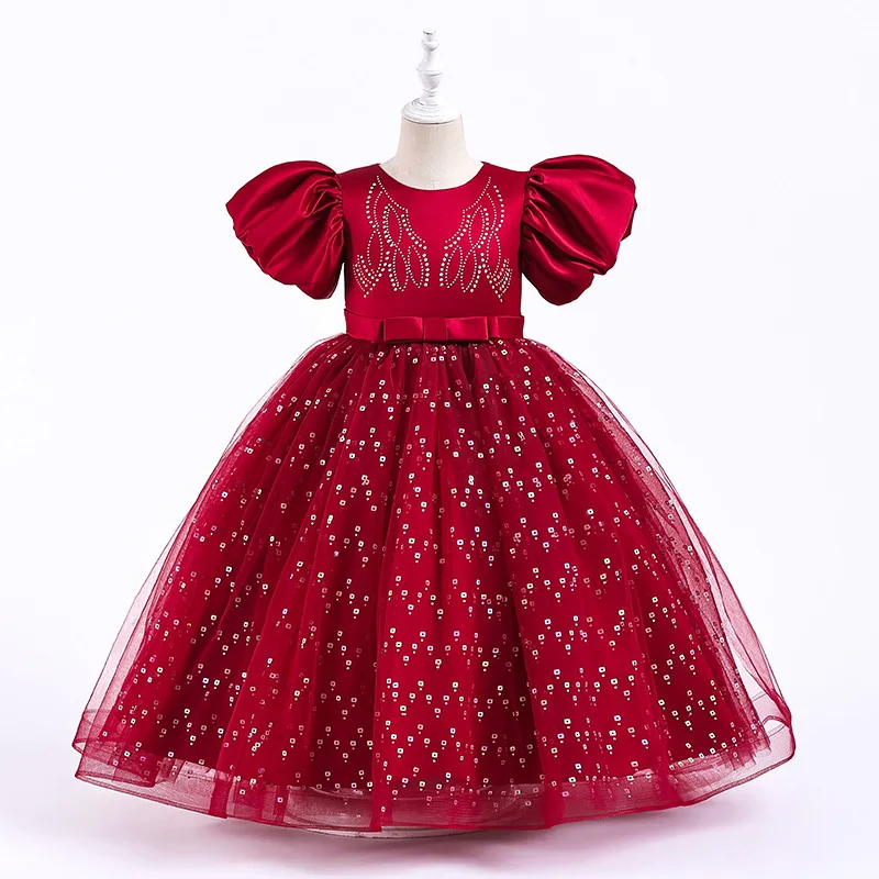 

Red Short Sleeves Beaded Ballgown Girls Dresses Floor Length First Communion Gowns Princess Prom Evening Pageant Party Dresses