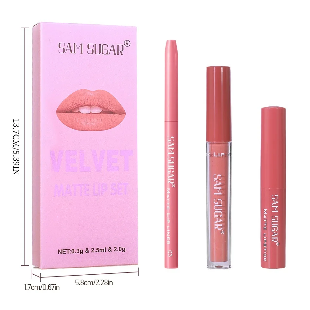 3 pcs/set Velvet Matte Lipstick Lip Gloss Lip Liner Combo Set Matte Long Lasting Easy Color Non-Stick Lipstick Set 4