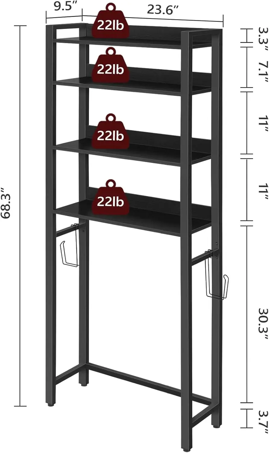 Over Toilet Storage Rack. 4 Tier Organizer. Freestanding, 2 Hooks. Easy Assembly. Black. TSHB0401