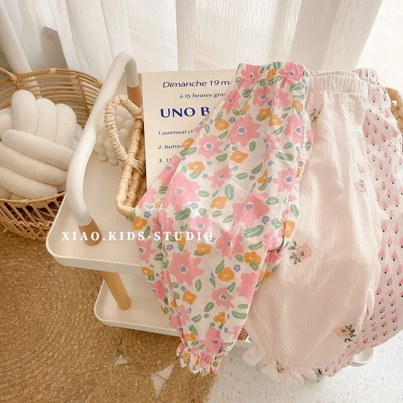 Kids Pants Summer Kids Girls Boys Mosquito-proof Leggings New Fashion Casual Flowers Pants Children Floral Korean Style Loose Clothing 1-6Y girls pants boys pants kids pants