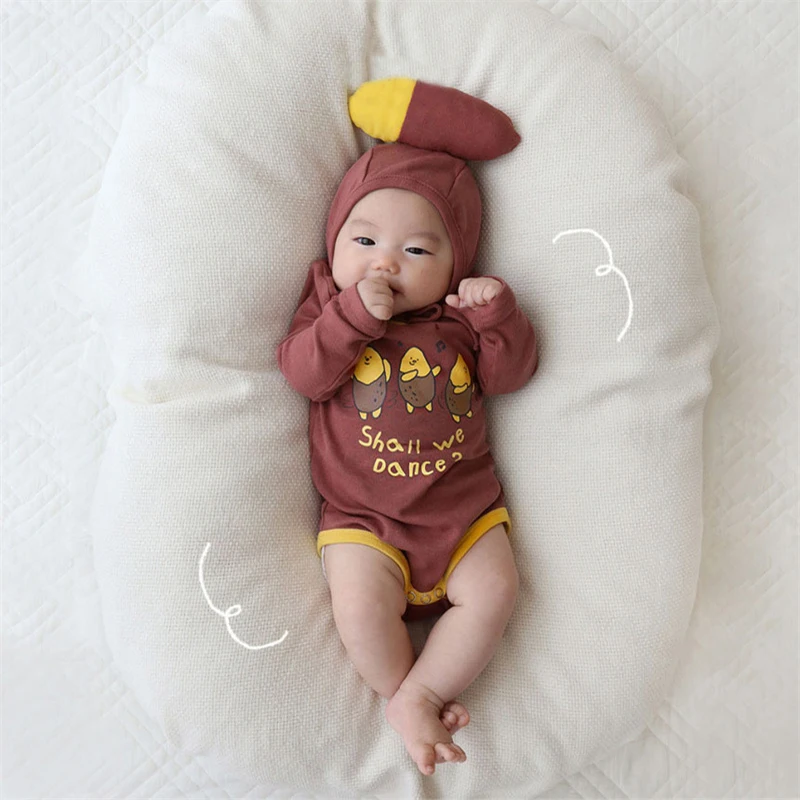 

Spring Kawaii Infant Baby Bodysuit Boy Girl Clothes Korean Cartoon Sweet Potato Shape Funny Holiday Party Onesie Romper With Hat