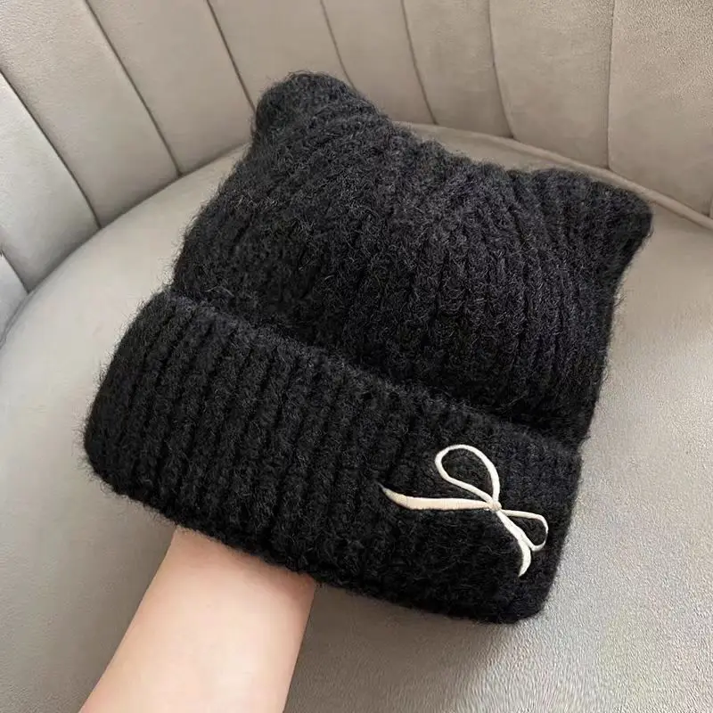 Women Bow KnittedCute Woolen Hat Beanie Hat Cat Ears Beanie All-match Skull Lovely Cap Winter and Autumn Cute Popular Hat