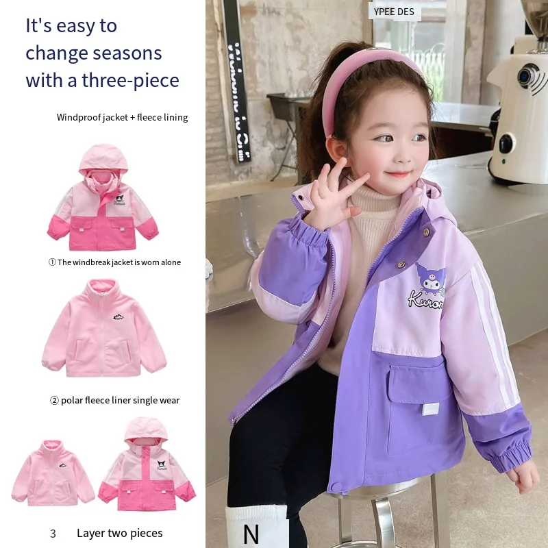 

Новинка, куртка «Три в одном» с аниме Kuromi для девочек, осень и зима, кавайная Съемная куртка с Sanrioed, утепленная теплая детская одежда