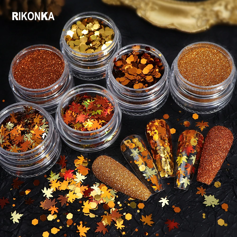 

Golden Maple leaf Fall Nail Art Sequins Chunky Glitter Mix Sugar Powder Kit For Desgin Autumn Winter French Charms Nail Supplies