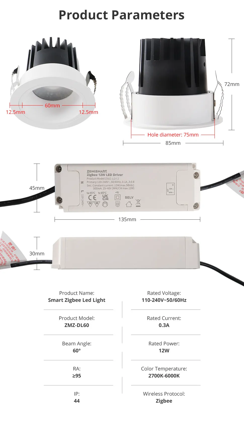 Zigbee LED Downlight IP44 CCT Round Recessed Spotlight 12W Work with Tuya Homeki