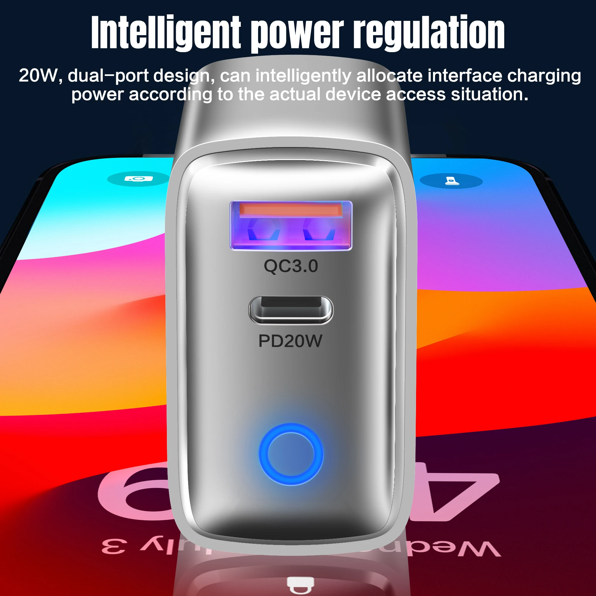 PD 20W QC3.0 USB C Fast Charger Dual Port Wall Adapter EU US Plug With Round LED Indicator For iPhone Samsung Xiaomi USB Charger