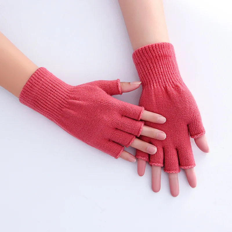 Women Men Fingerless Gloves Solid Color Half Finger Knitted Mittens