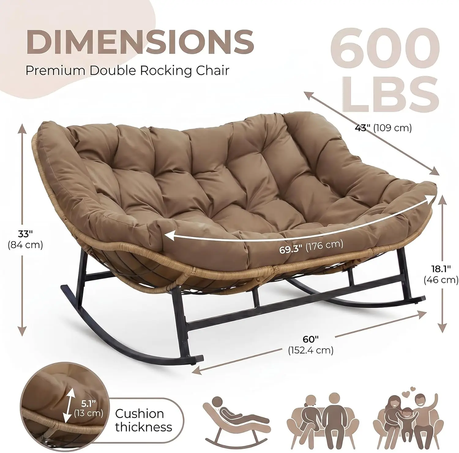 Double Papasan Rocking Chair Indoor Outdoor, 2 Person Wicker Rocking Egg Chair with Cushions for Relaxing/Napping, Sensory Comfort