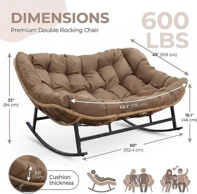 Double Papasan Rocking Chair Indoor Outdoor, 2 Person Wicker Rocking Egg Chair with Cushions for Relaxing/Napping, Sensory Comfort