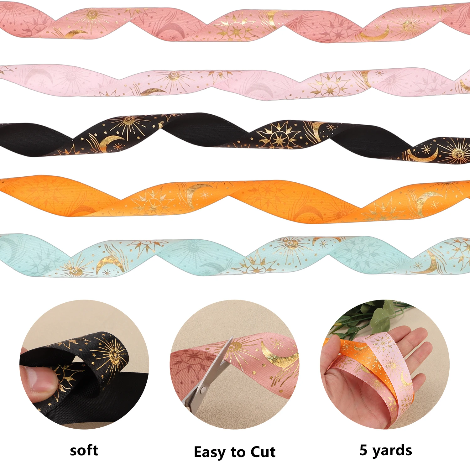 25mm 핫 스탬핑 스타 문 새틴 리본 5 야드 크리스마스 웨딩 DIY 수공예품 선물 포장