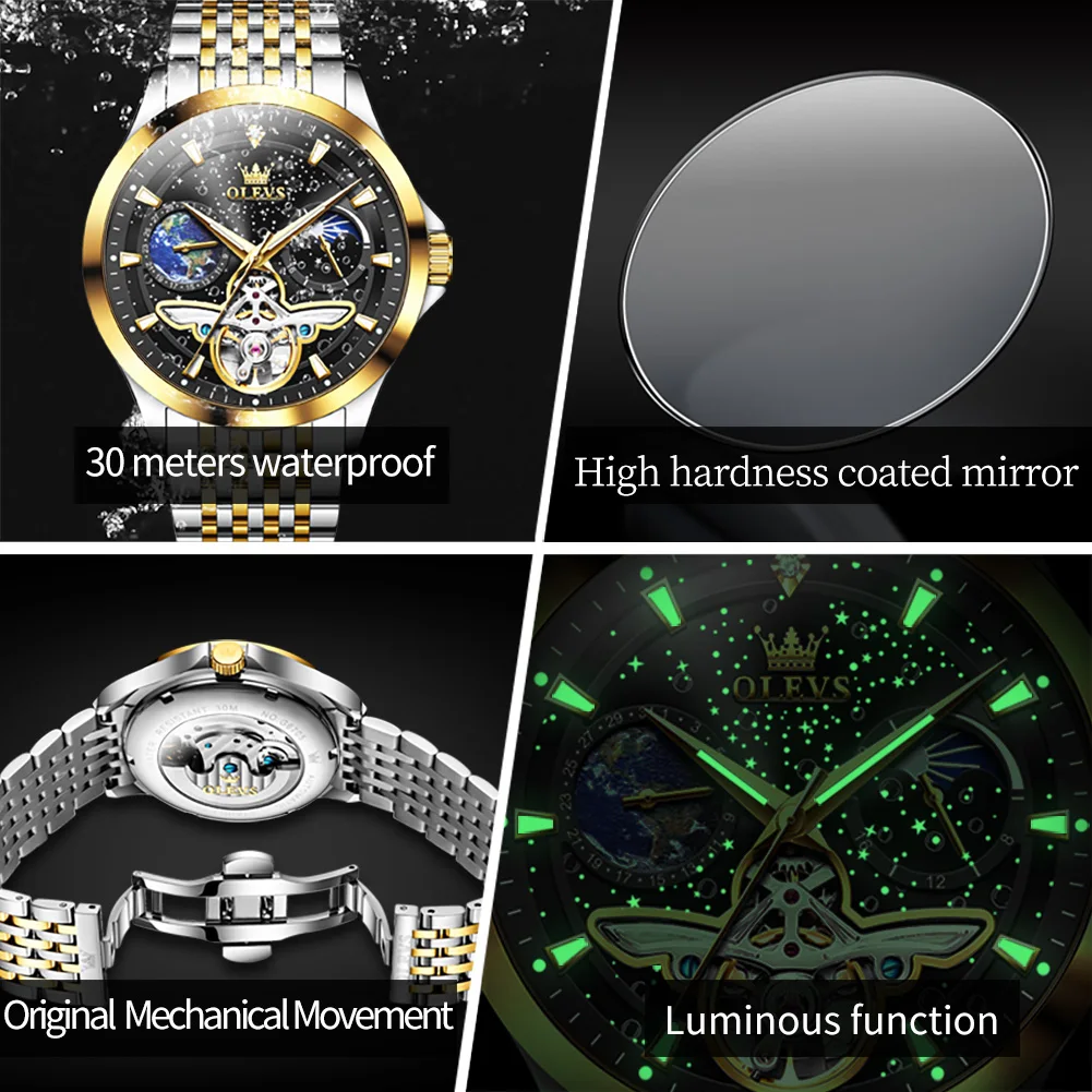 OLEVS Brand Luxury Tourbillon Mechanical Watch for Men Stainless Steel Waterproof Luminous Moon Phase Fashion Starry Sky Watches