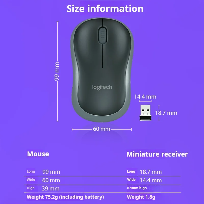 Logitech M186 Wireless Mouse Office Mouse Symmetrical Black Gray Edge With Wireless 2.4G Receiver