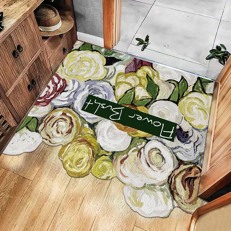 PVC Entry Door Mat, Oil Painting Flower Pattern, Floor Mat, Can be Cut, Oil-proof, Non-slip, Waterproof Household Carpet