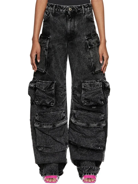 VGH CamSolomon-Jean Décontracté pour Femme, Taille Haute, Poches Patchwork, Couleur Unie, Minimaliste, Denim, Nouvelle Collection Automne 2