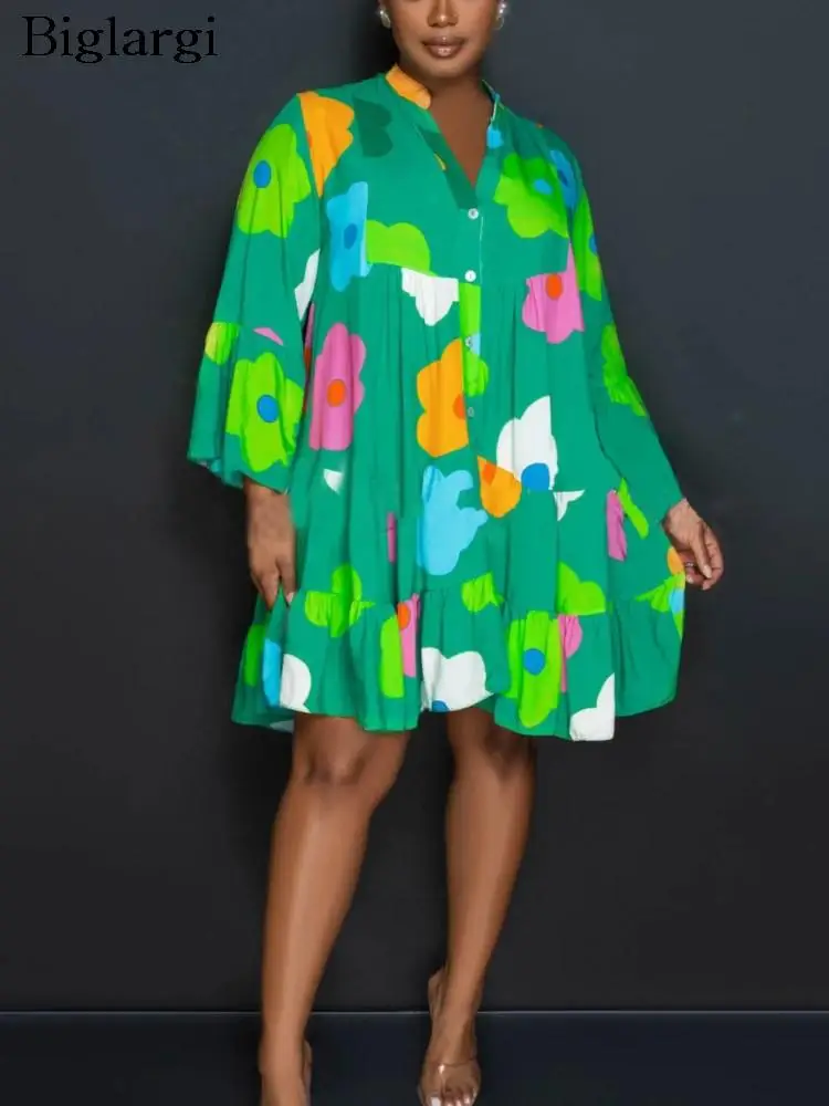 

Plus Size Autumn Flower Print Midi Shirt Dress Women V-Neck Ruffle Pleated Loose Ladies Dresses Fashion Casual Woman Dress 2023