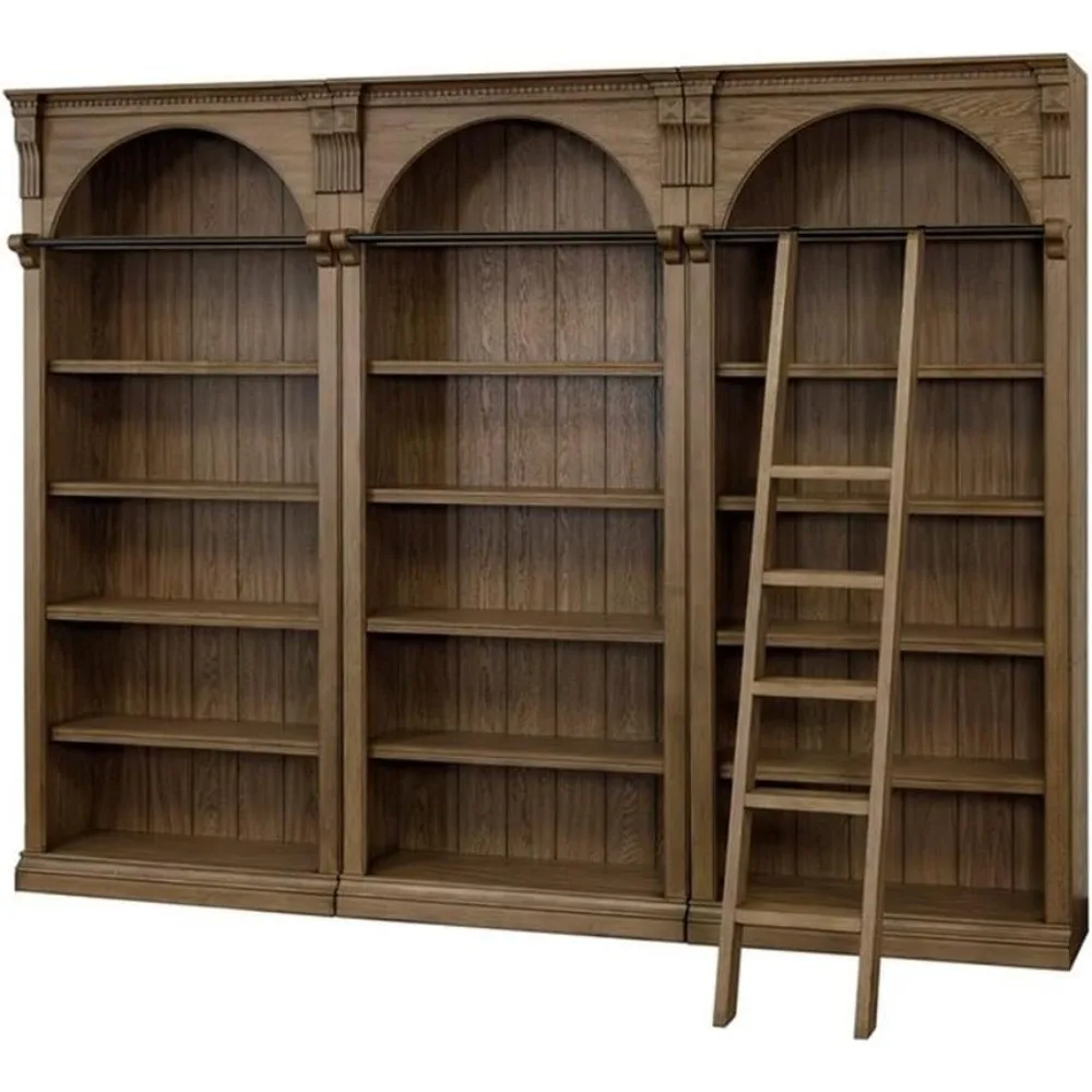 Traditional 8' Tall Bookcase Wall with Ladder, Storage Organizer, Display Shelf Unit for Office, Living Room, Brown