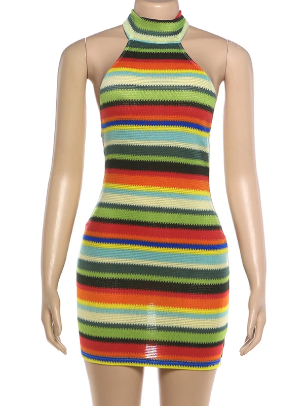 Stripe Patchwork Mini Dress Woman Bandage Halter