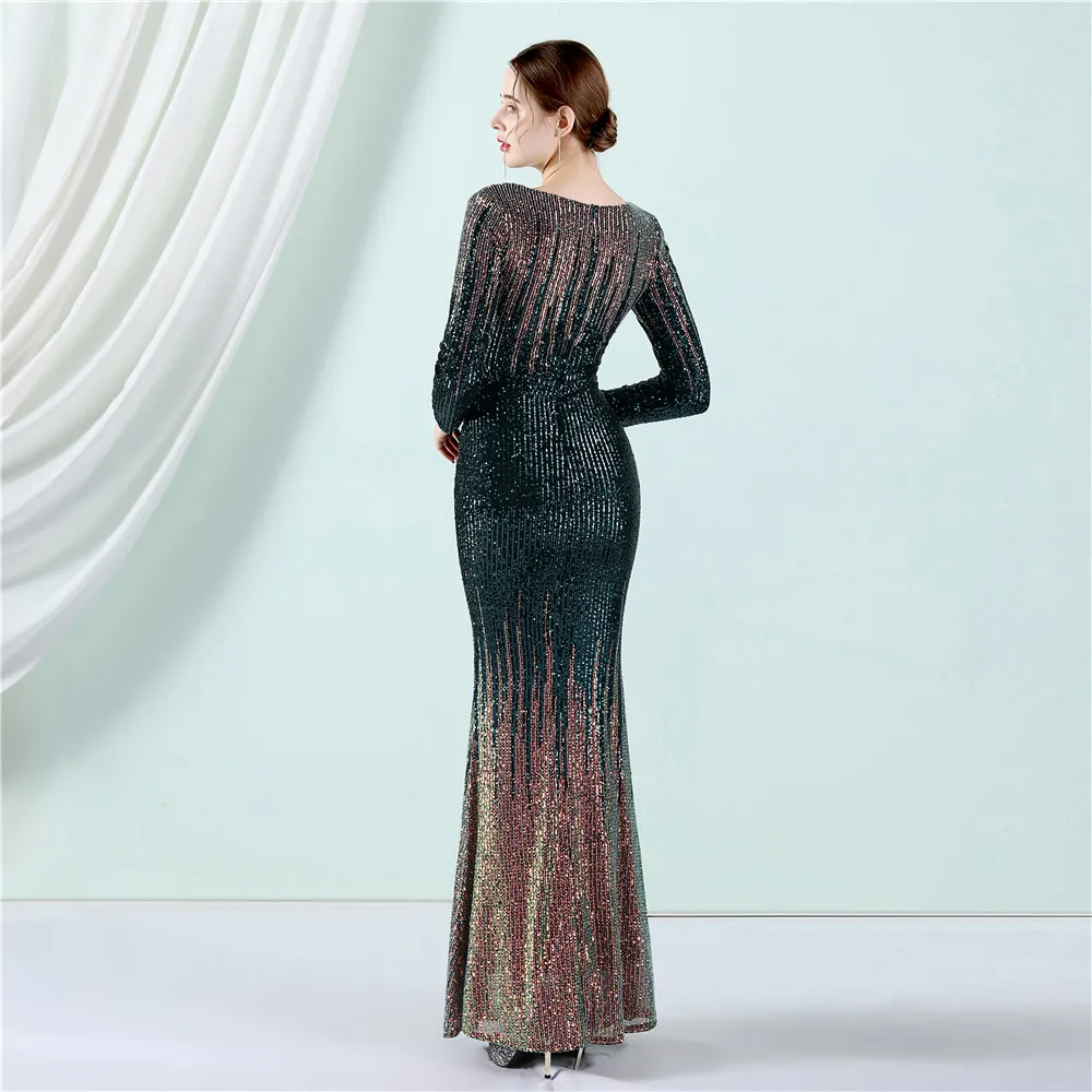 Sequined Long Sleeve V Mermaid Evening Dresses Formal Prom Pageant Wedding Party Robe Re Soirée Femme Robe De Soirée Se Mariage evening wear for women