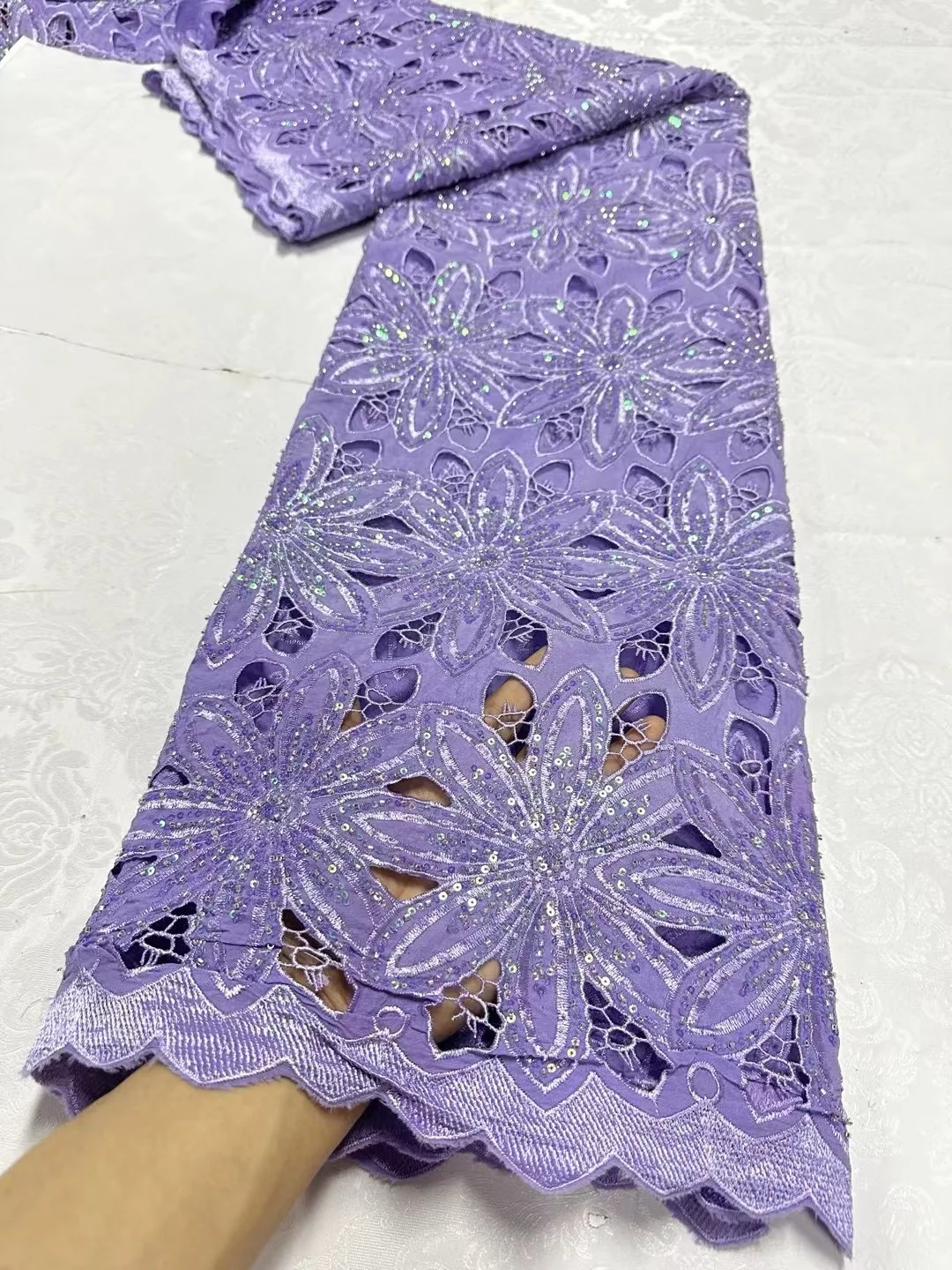 Latest 2024 African Lace Fabric High Quality,Cotton Fabric Per Meter,Embroidery,Linen,Party Dresses,Tulle,Sequin,Purple,5 Yards