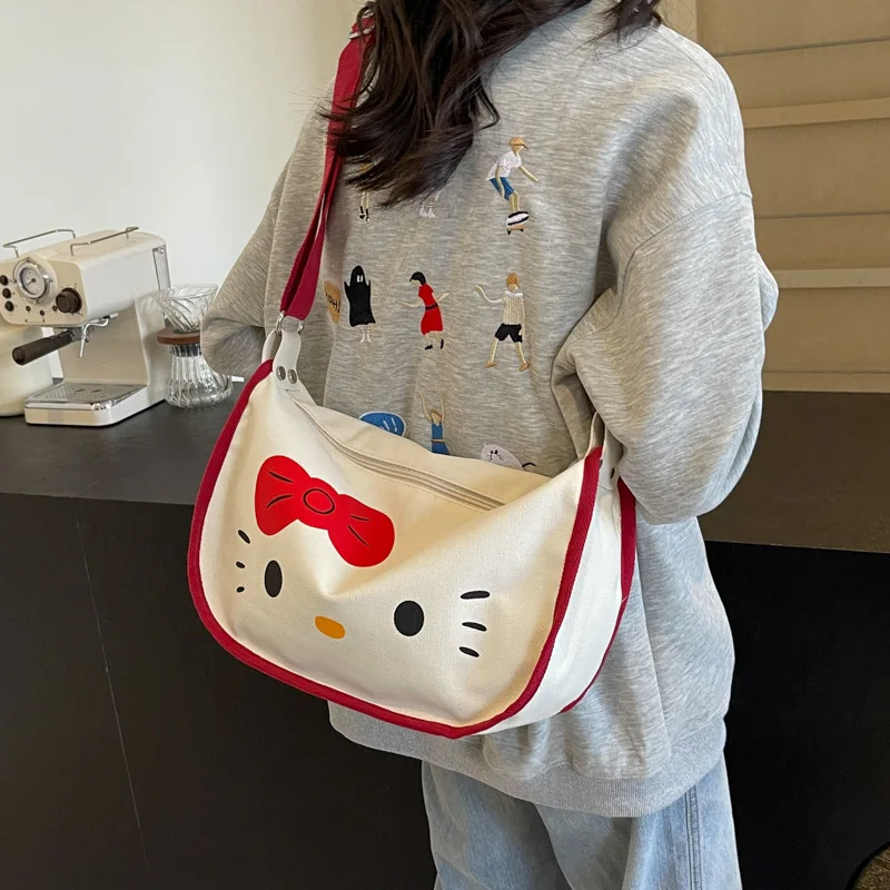New Sanrio Hello Kitty Women's Tote Bag Underarm Bag Sweet Cute Portable HandBag Girl Large Capacity Fashion Canvas Shoulder Bag