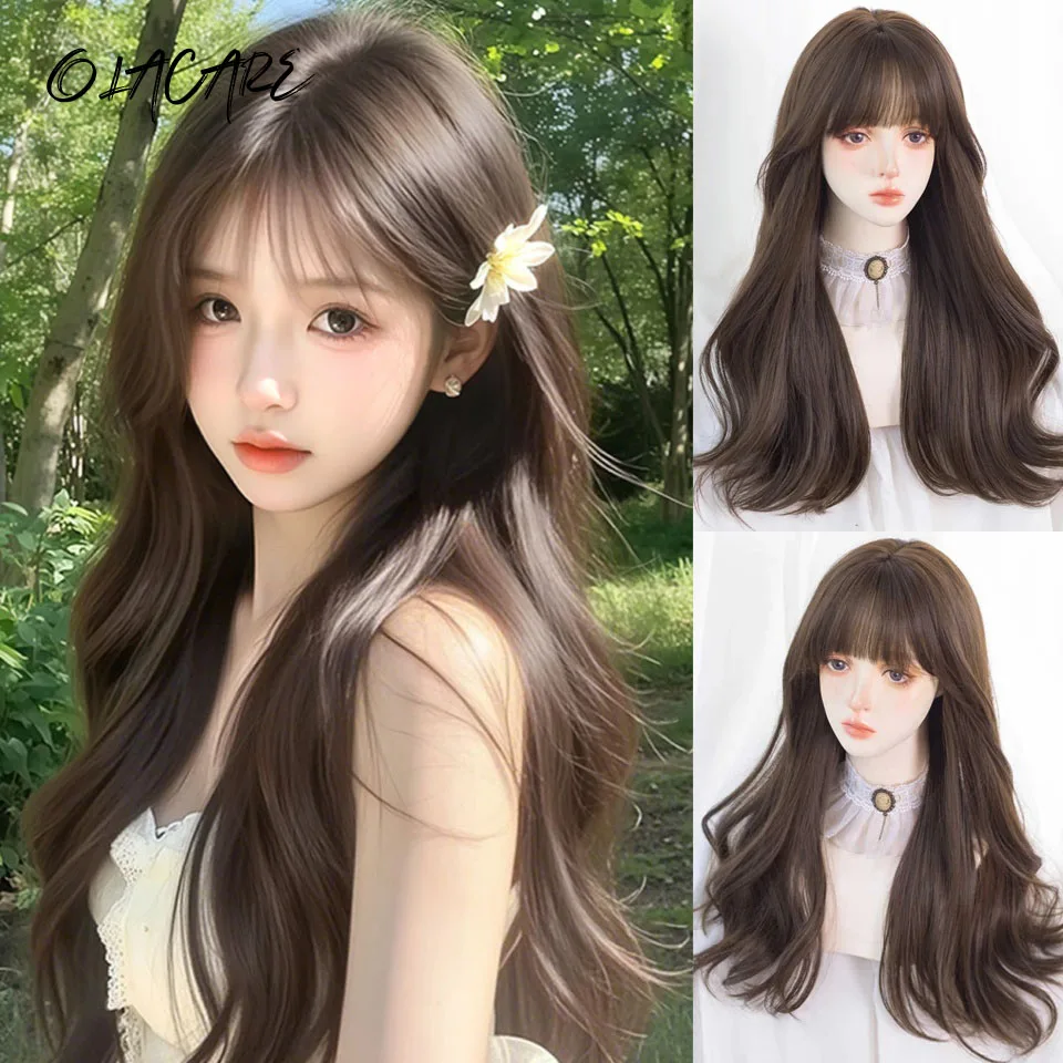 Brown Synthetic Long Deep Wave Wig For Women With Bangs