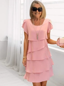 Women Short Sleeve Round Neck Tiered Ruffle Chiffon Midi Dress Elegant Summer Casual Party Cocktail A Line Flowy Dress