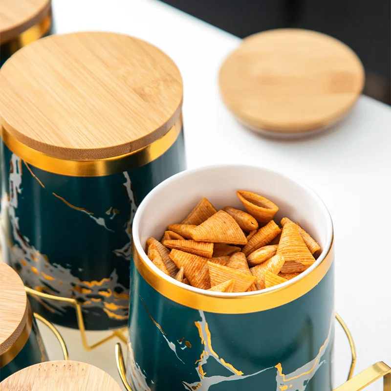 Metallic Gold Marble Print Spice Jars with Spoons and Wooden Lid