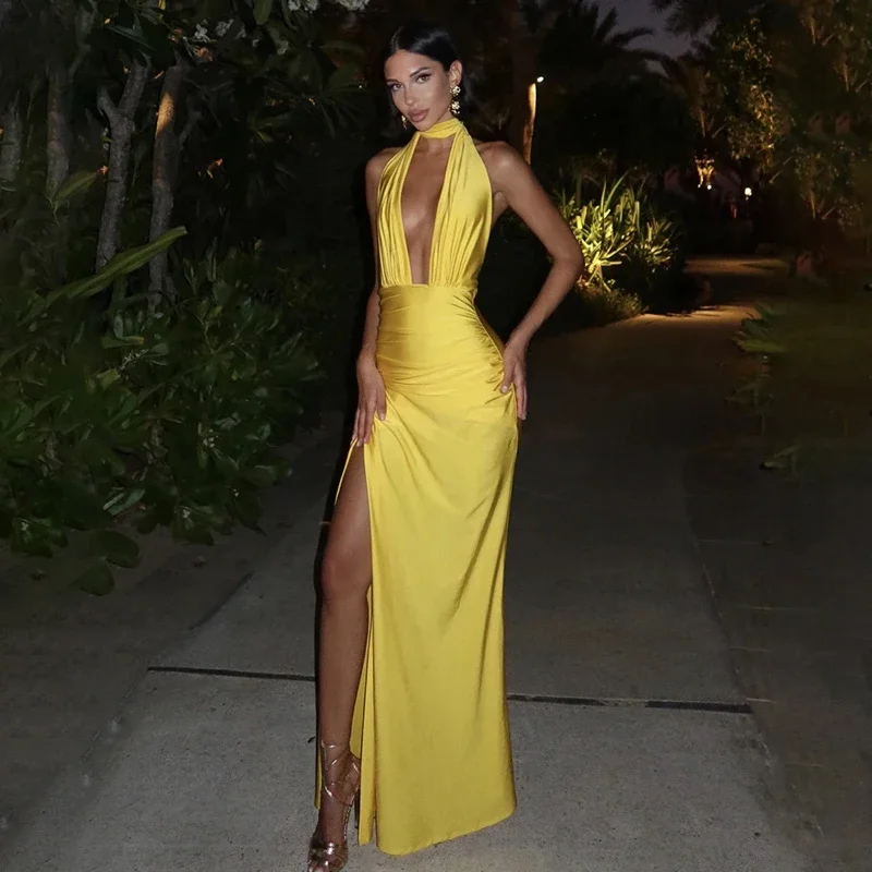 Halter Deep V Neck Backless Sexy Maxi Dress For Women Fashion Solid Sleeveless Bodycon Club Party Evening Long Dress
