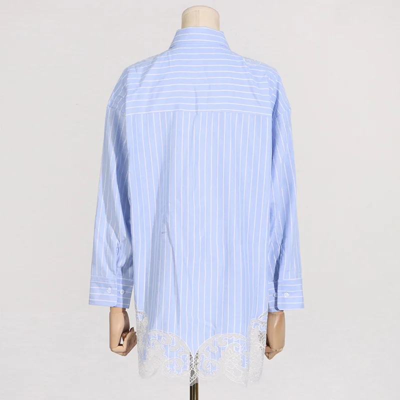 Women Shirt Pinstripe Lace Hollowed Out Patchwork Design Loose Long Sleeves Formal Office Lady Work Wear Jacket