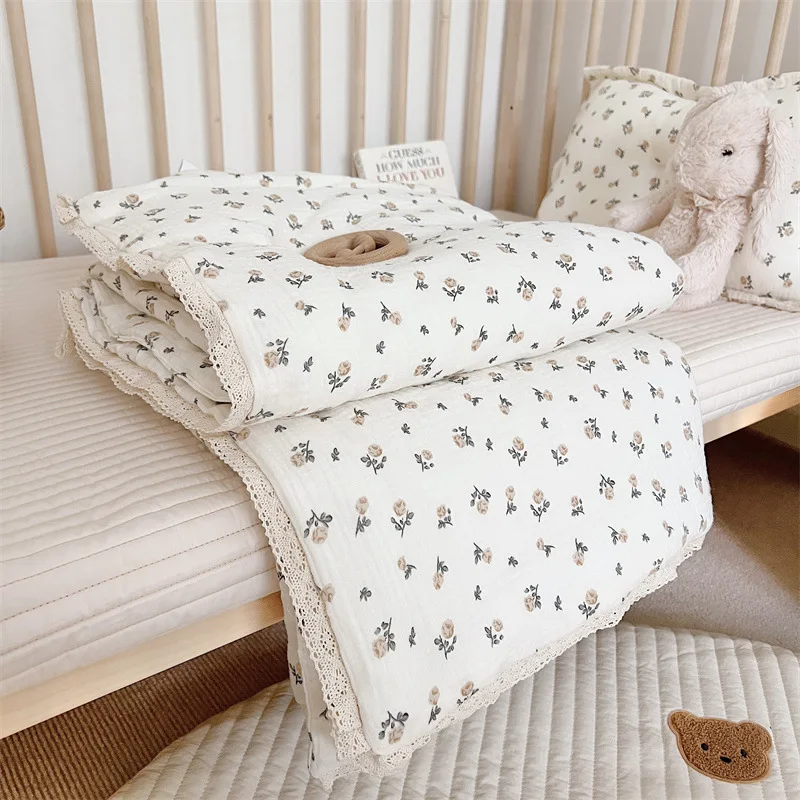 Cotton Muslin Quilted Baby Blanket Vintage Toddler Floral Blanket -Rose 120x150cm