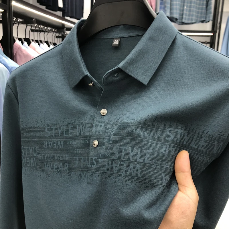 

2023 Light Luxury High Quality Autumn Men's Fashion Business Casual High-end Solid Color Printed Long-sleeved Polo Shirt M-4XL