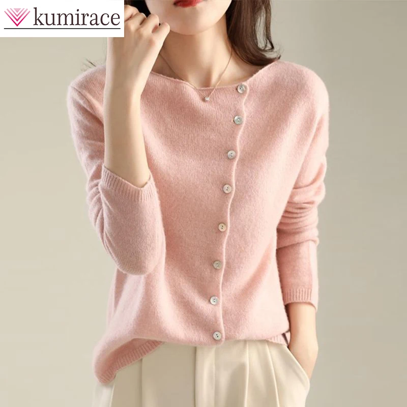 

2023 Spring New Long-sleeved T-shirt Thin Style Outerwear Sweater Jacket Diagonal Cardigan Fashion Knitted Women Kawaii Clothes
