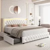 Smart LED Platform Bed Frame with 4 Storage Drawers, Crystal Button-Tufted & Stainless Gold Trim Wingback Headboard/ 1