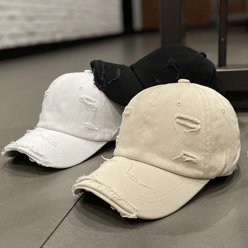 

Spring Summer Women Fashion Baseball Hat With Broken Hole Korean Solid Color Retro Peaked Cap Sun Blocking Hat Street Style