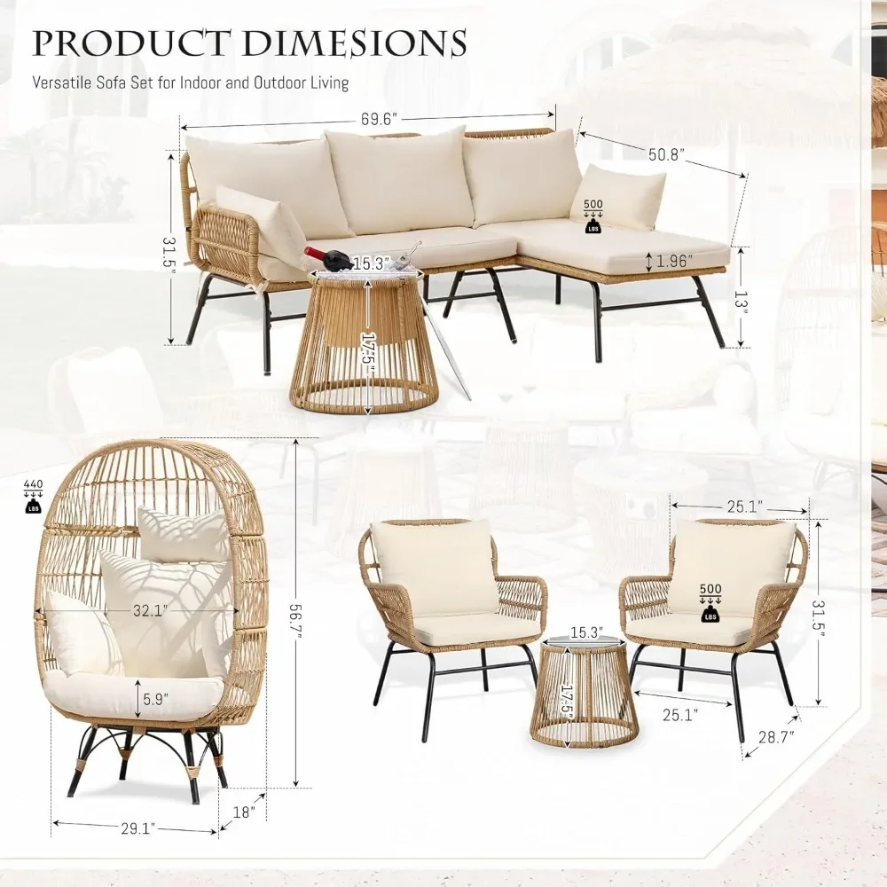 3 Piece Patio Furniture Sets with Egg Chair, Small Outdoor Bistro Chair Conversation Sofa Set W/Coffee Table & Ice Bucket 2