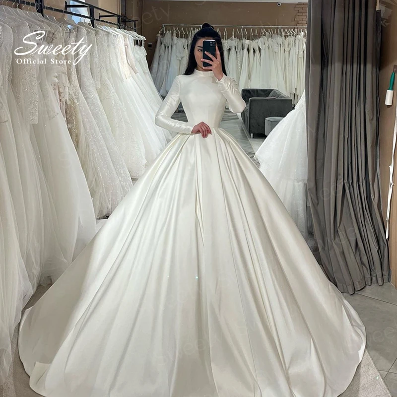 Elegant-Wedding-Dress-Satin-With-Lace-Ball-Gown-High-Neck-Full-Sleeve ...