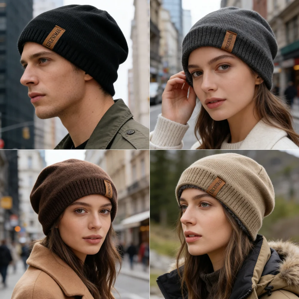 Unisex Letter Labal Winter Hats Solid Color Knitted Hats For Men And Women Beanie Cap Outdoor Add Fur Lining Warm Sports Hats