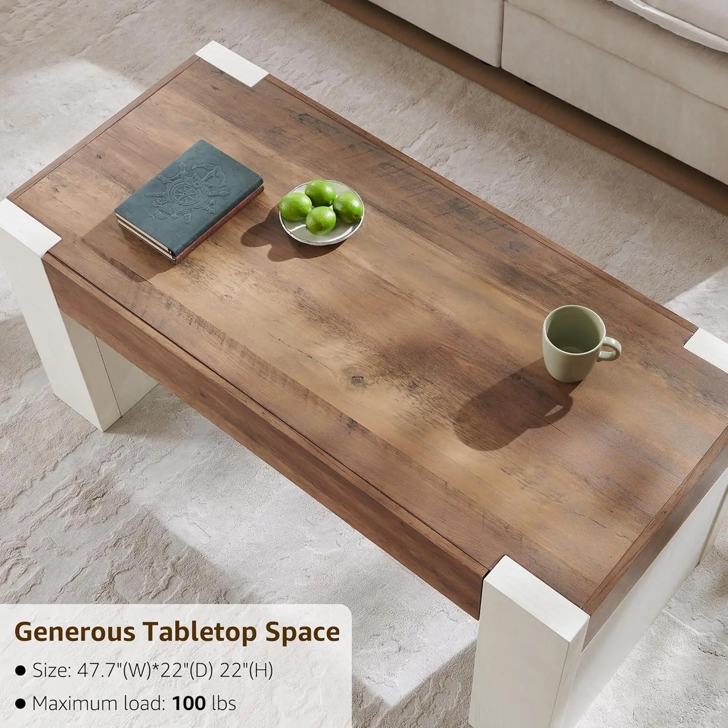 48" Modern Farmhouse Coffee Table, Wooden Living Room Table with Hidden Storage Drawer, Rustic Rectangular Center, Customized